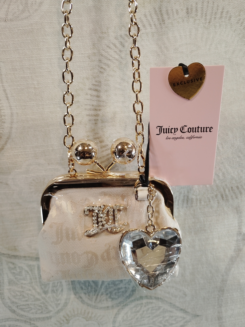Juicy Couture Mini Pink Jeweled Logo Crossbody Bag with Heart Charm